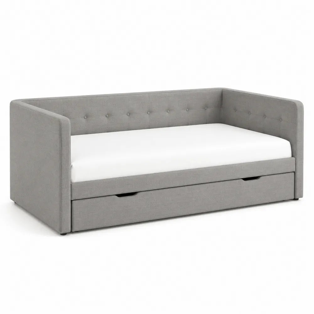 Letto singolo con contenitore in tessuto grigio con struttura imbottita e cassetti estraibili 200 x 90 x 80 cm circa