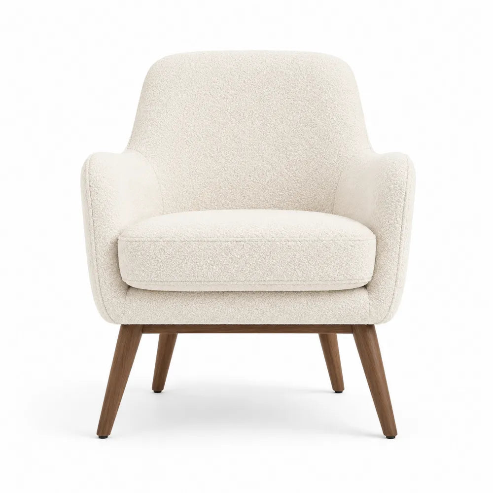 Poltrona con braccioli seduta imbottita in tessuto bouclé avorio gambe in legno naturale 75 x 75 x 80 cm