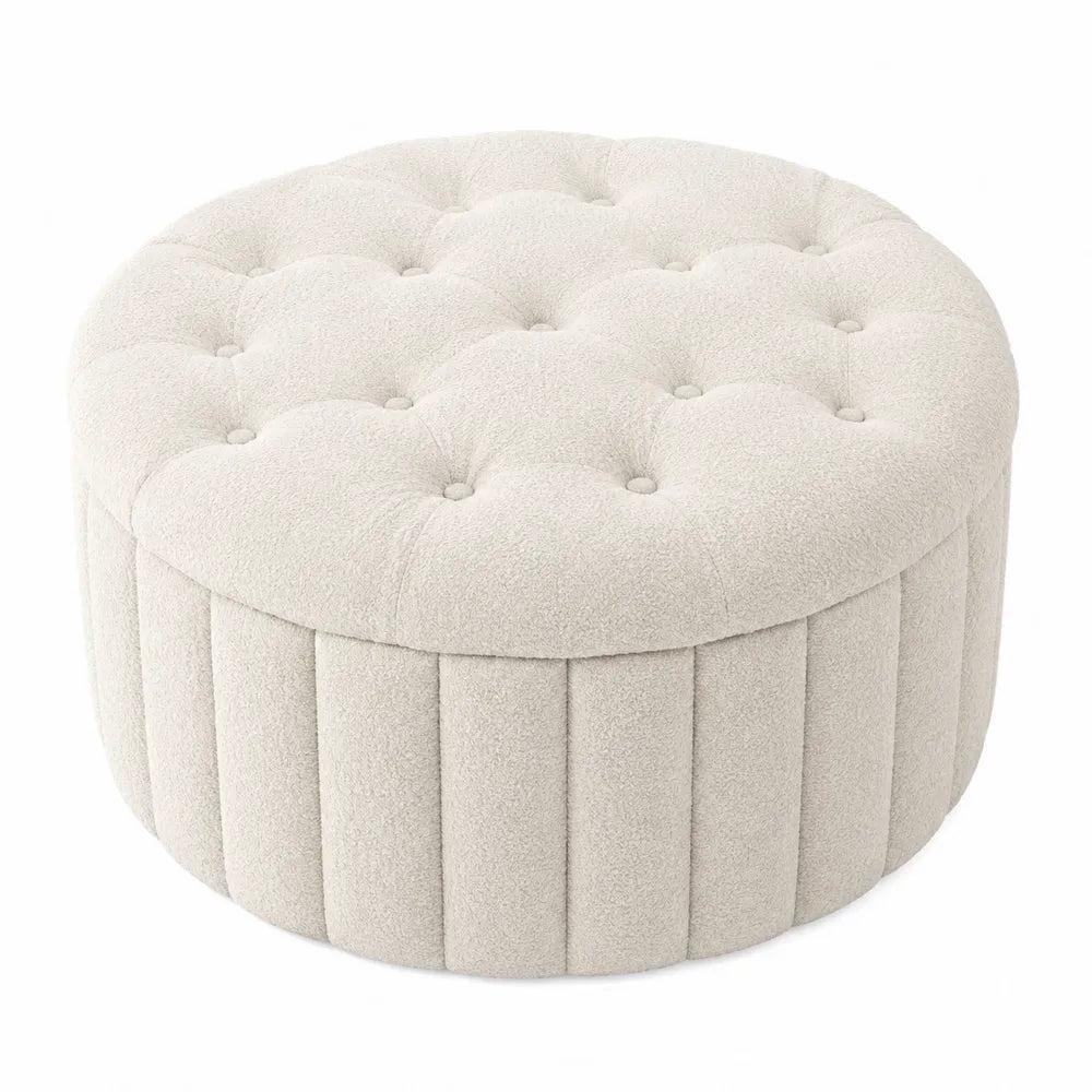 Pouf poggiapiedi rotondo imbottito in tessuto bouclé crema con struttura in MDF diametro 60 cm altezza 40 cm