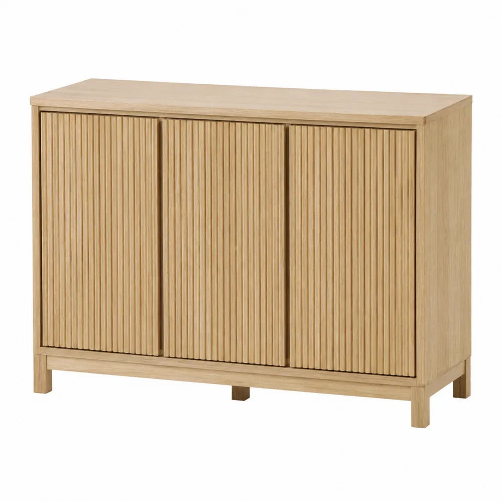 Credenza buffet rettangolare in MDF effetto rovere naturale chiaro con tre ante a doghe 120 x 40 x 80 cm