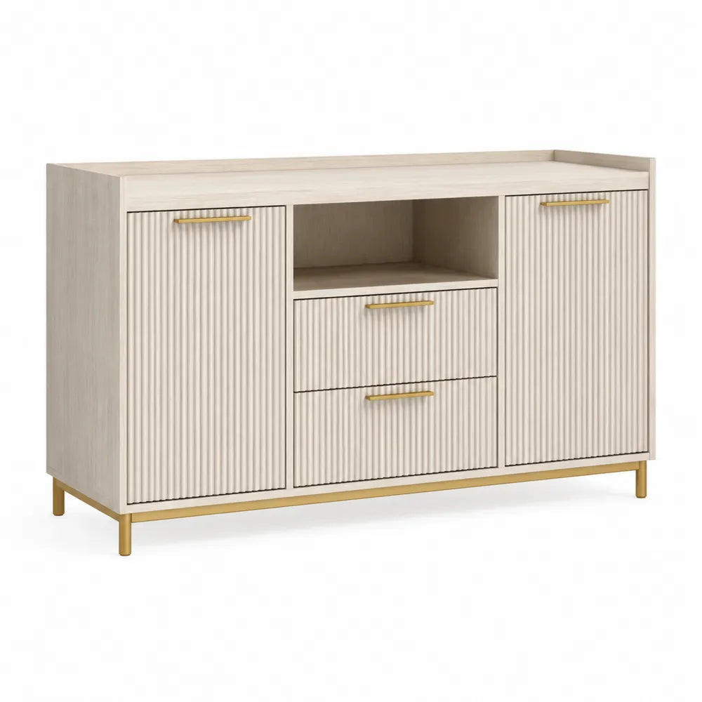 Credenza buffet rettangolare in MDF effetto rovere chiaro con ante scanalate e gambe in metallo oro 130 x 40 x 85 cm