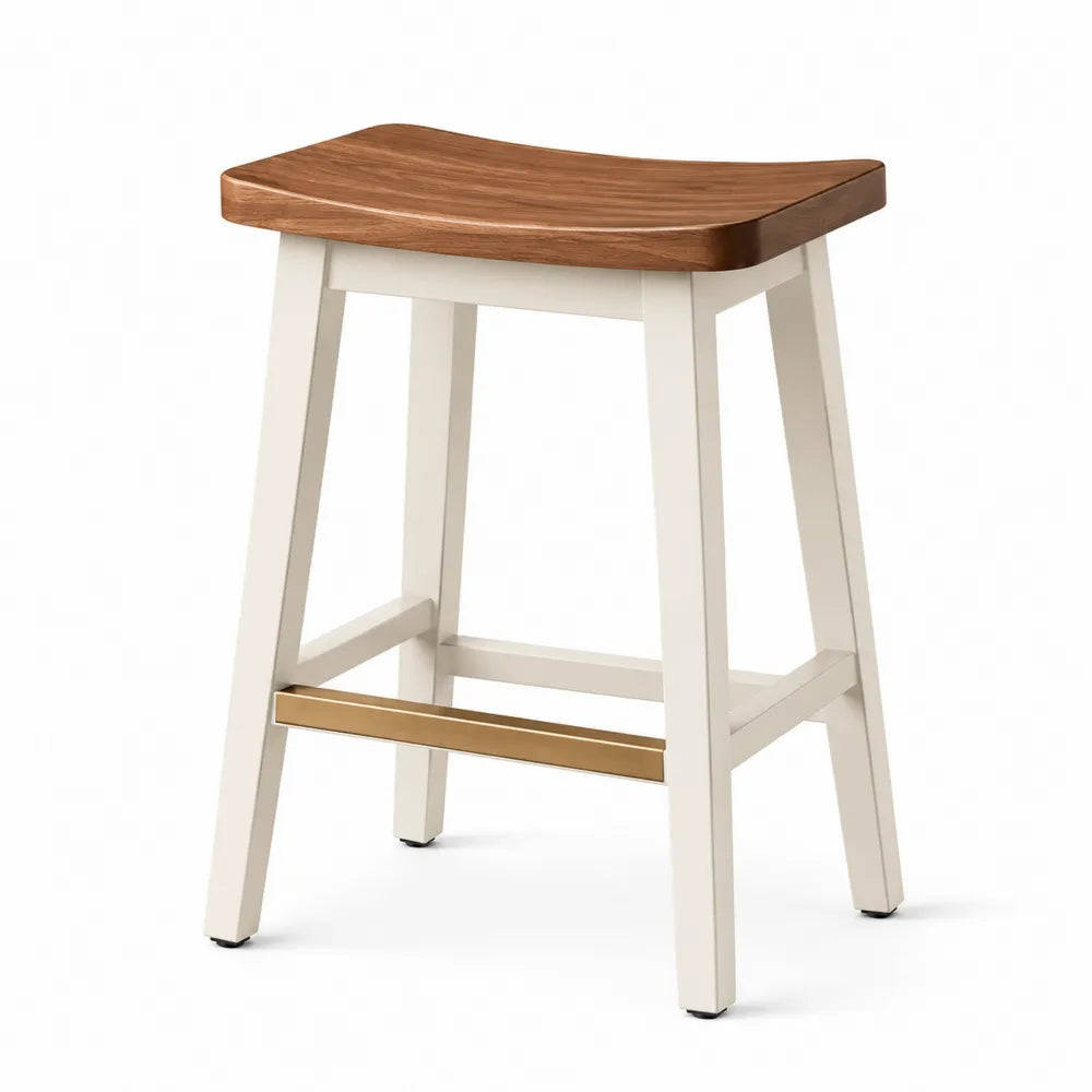Sgabello da bar senza schienale con seduta curva in legno effetto noce e struttura bianca con poggiapiedi ottone 40 x 35 x 65 cm