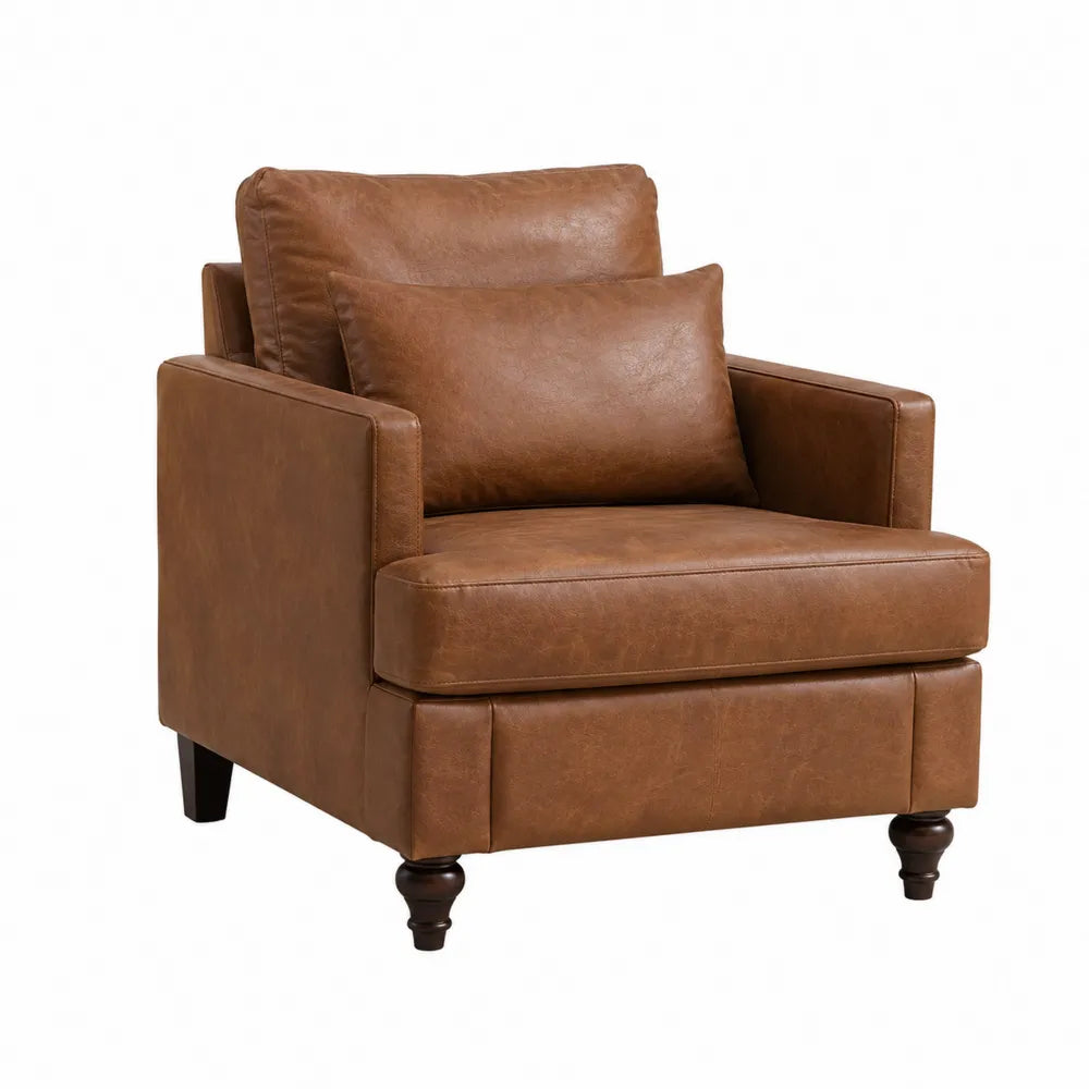 Poltrona singola con braccioli in pelle PU marrone cuscini imbottiti e gambe in legno scuro 80 x 85 x 90 cm