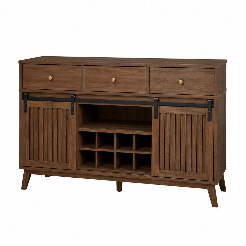 Credenza buffet rettangolare in MDF effetto noce scuro con porte scorrevoli cassetti e portabottiglie 160 x 40 x 85 cm