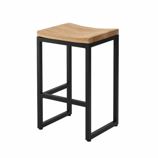 Sgabello da bar senza schienale con seduta quadrata in legno massiccio naturale e struttura in acciaio nero 35 x 35 x 65 cm
