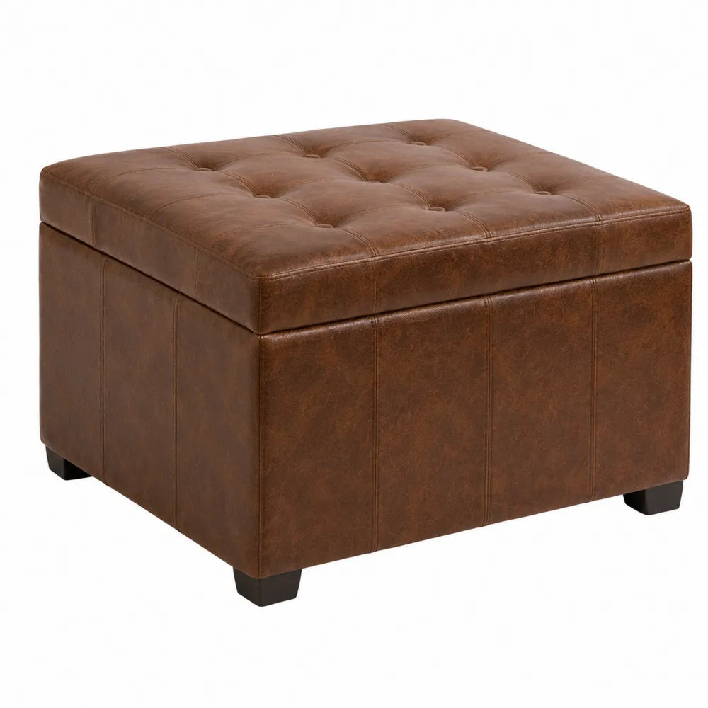 Pouf contenitore quadrato in ecopelle PU marrone con coperchio imbottito struttura in MDF 50 cm 50 cm 45 cm