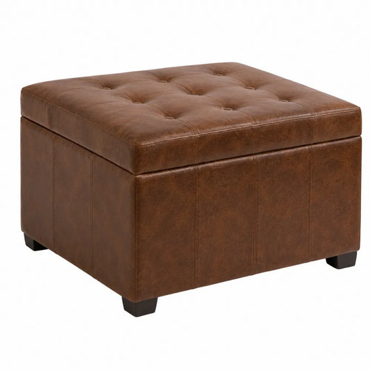 Pouf contenitore quadrato in ecopelle PU marrone con coperchio imbottito struttura in MDF 50 cm 50 cm 45 cm