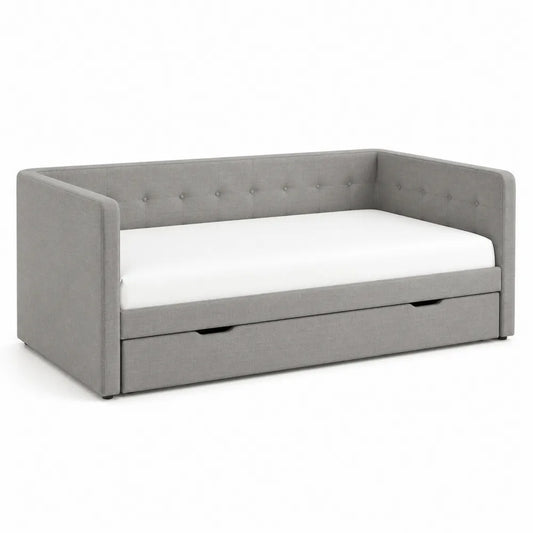 Letto singolo con contenitore in tessuto grigio con struttura imbottita e cassetti estraibili 200 x 90 x 80 cm circa
