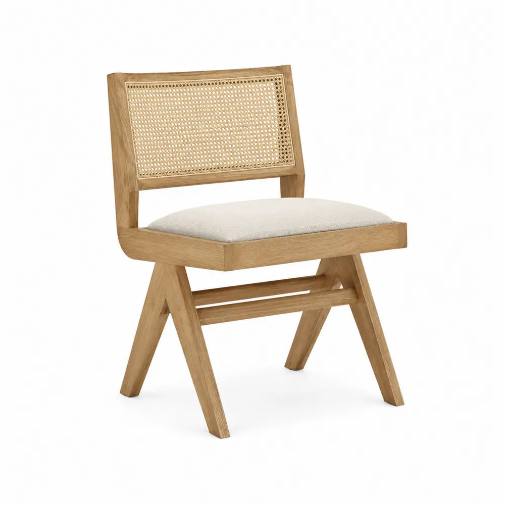 Sedia imbottita in legno di faggio naturale con schienale in rattan e seduta beige 55x58x80 cm