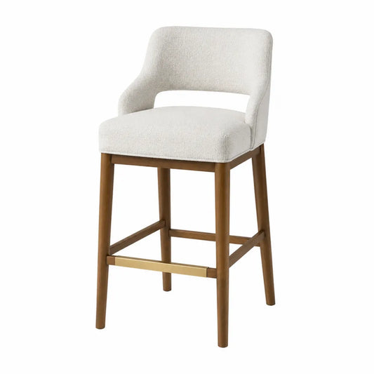 Sgabello da bar imbottito in tessuto beige con gambe in legno massiccio naturale e poggiapiedi in metallo oro 45 x 50 x 95 cm