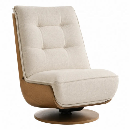 Poltrona girevole con schienale trapuntato in tessuto beige scocca curva e base rotonda in legno naturale 75 x 80 x 90 cm