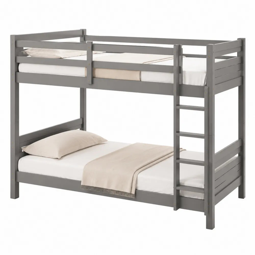 Letto a castello rettangolare in legno massello di pino verniciato grigio con scala laterale sponde di sicurezza e rete a doghe 90 x 200 cm