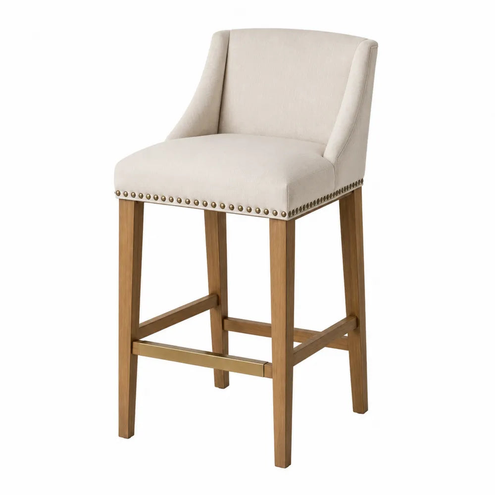 Sgabello da bar imbottito in tessuto beige con schienale e struttura in legno naturale con poggiapiedi ottone 52 x 55 x 100 cm