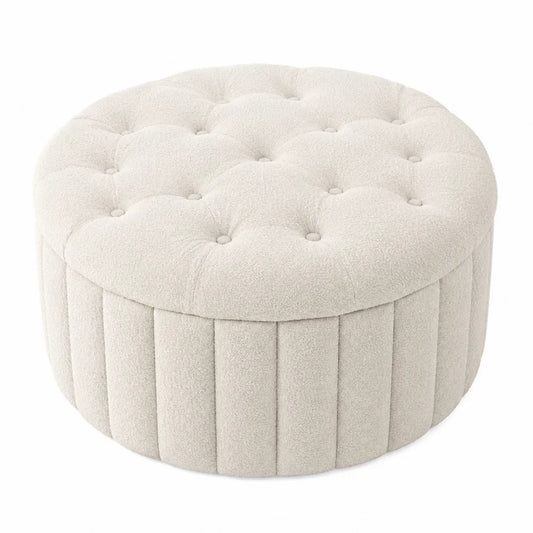 Pouf poggiapiedi rotondo imbottito in tessuto bouclé crema con struttura in MDF diametro 60 cm altezza 40 cm