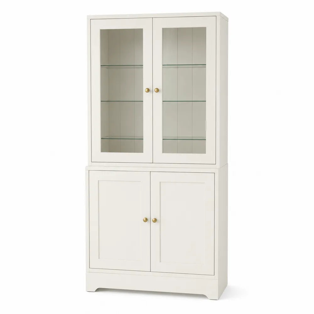 Credenza vetrina alta in MDF laccato bianco avorio con ante in vetro e pomelli ottone 90 x 40 x 185 cm