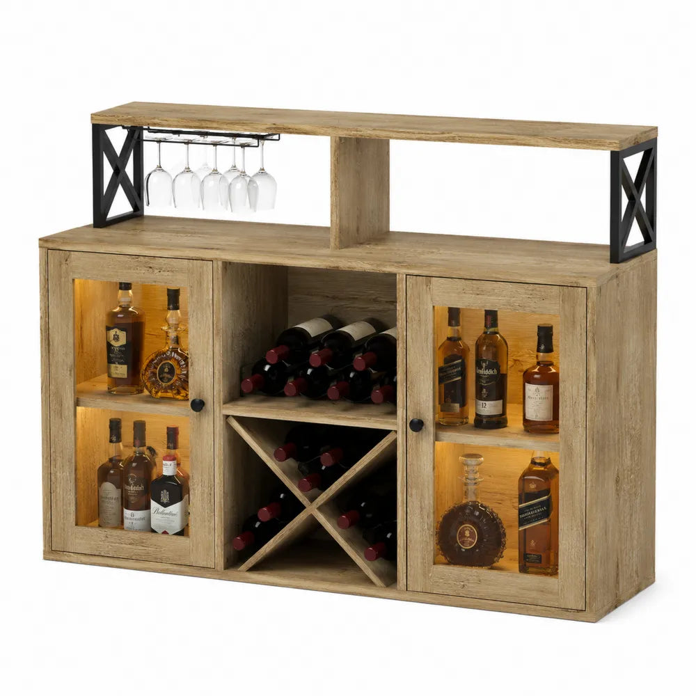 Credenza buffet bar rettangolare in MDF effetto rovere naturale con portabottiglie e metallo nero 140 x 40 x 90 cm