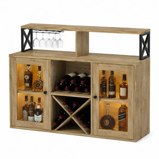 Credenza buffet bar rettangolare in MDF effetto rovere naturale con portabottiglie e metallo nero 140 x 40 x 90 cm