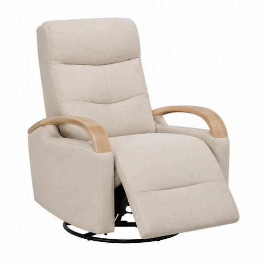 Poltrona reclinabile girevole con poggiapiedi integrato rivestimento in tessuto beige braccioli in legno naturale 78 x 92 x 108 cm