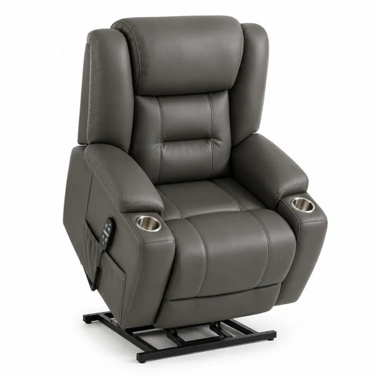 Poltrona reclinabile massaggiante in pelle PU grigio scuro con porta bicchieri e base in acciaio nero 90 x 95 x 105 cm