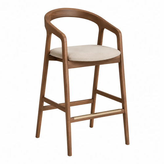 Sgabello da bar con schienale avvolgente in legno seduta imbottita in tessuto beige struttura in legno naturale 52 x 55 x 95 cm