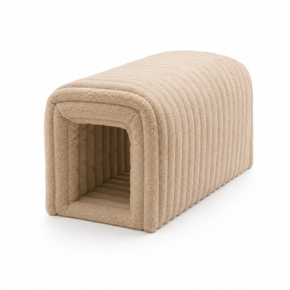 Pouf poggiapiedi a tunnel rettangolare imbottito in tessuto bouclé beige con struttura in MDF 78 x 38 x 40 cm