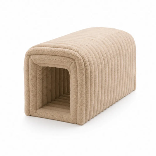 Pouf poggiapiedi a tunnel rettangolare imbottito in tessuto bouclé beige con struttura in MDF 78 x 38 x 40 cm