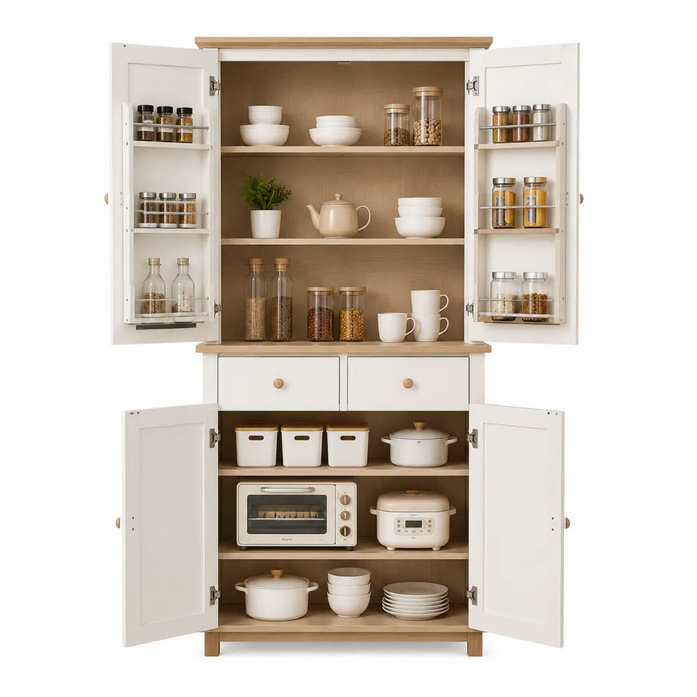Dispensa cucina alta in MDF bianco con ante cassetti ripiani interni e porta spezie 90 x 40 x 180 cm