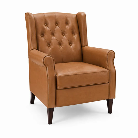 Poltrona con braccioli in similpelle PU marrone cognac con schienale alto capitonné e gambe in legno scuro 78x82x105 cm