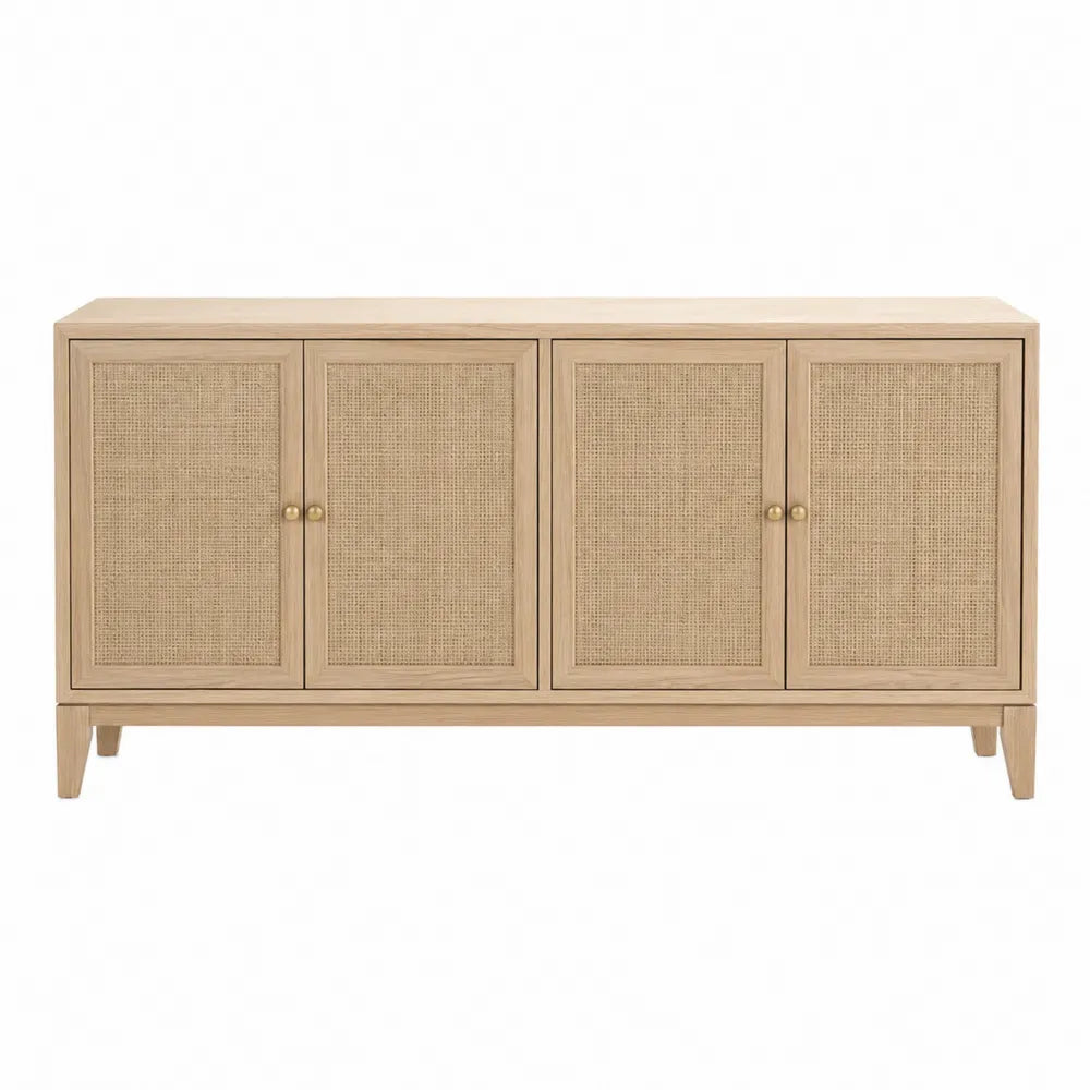 Credenza buffet rettangolare in MDF effetto rovere chiaro con quattro ante in rattan naturale 170 x 40 x 80 cm