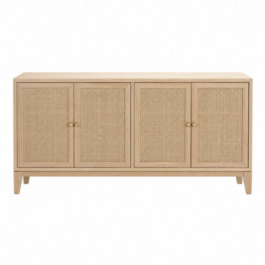 Credenza buffet rettangolare in MDF effetto rovere chiaro con quattro ante in rattan naturale 170 x 40 x 80 cm