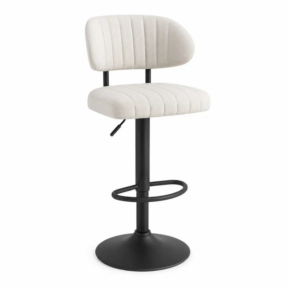 Sgabello da bar girevole regolabile con schienale imbottito scanalato in tessuto beige struttura in acciaio nero 45 x 45 x 84-104 cm