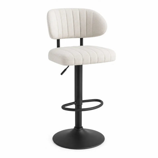 Sgabello da bar girevole regolabile con schienale imbottito scanalato in tessuto beige struttura in acciaio nero 45 x 45 x 84-104 cm