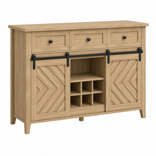 Credenza buffet rettangolare in MDF effetto rovere naturale con porte scorrevoli cassetti e portabottiglie 150 x 40 x 85 cm
